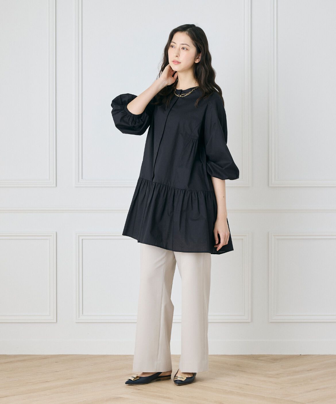 INED「《大きいサイズ》ギャザーチュニックブラウス」|シャツ・ブラウス|