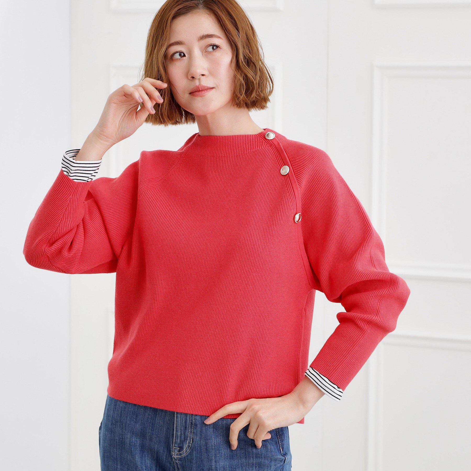 grove「ラグランスリーブ肩釦ニット」|ニット・セーター|ピンク(073)