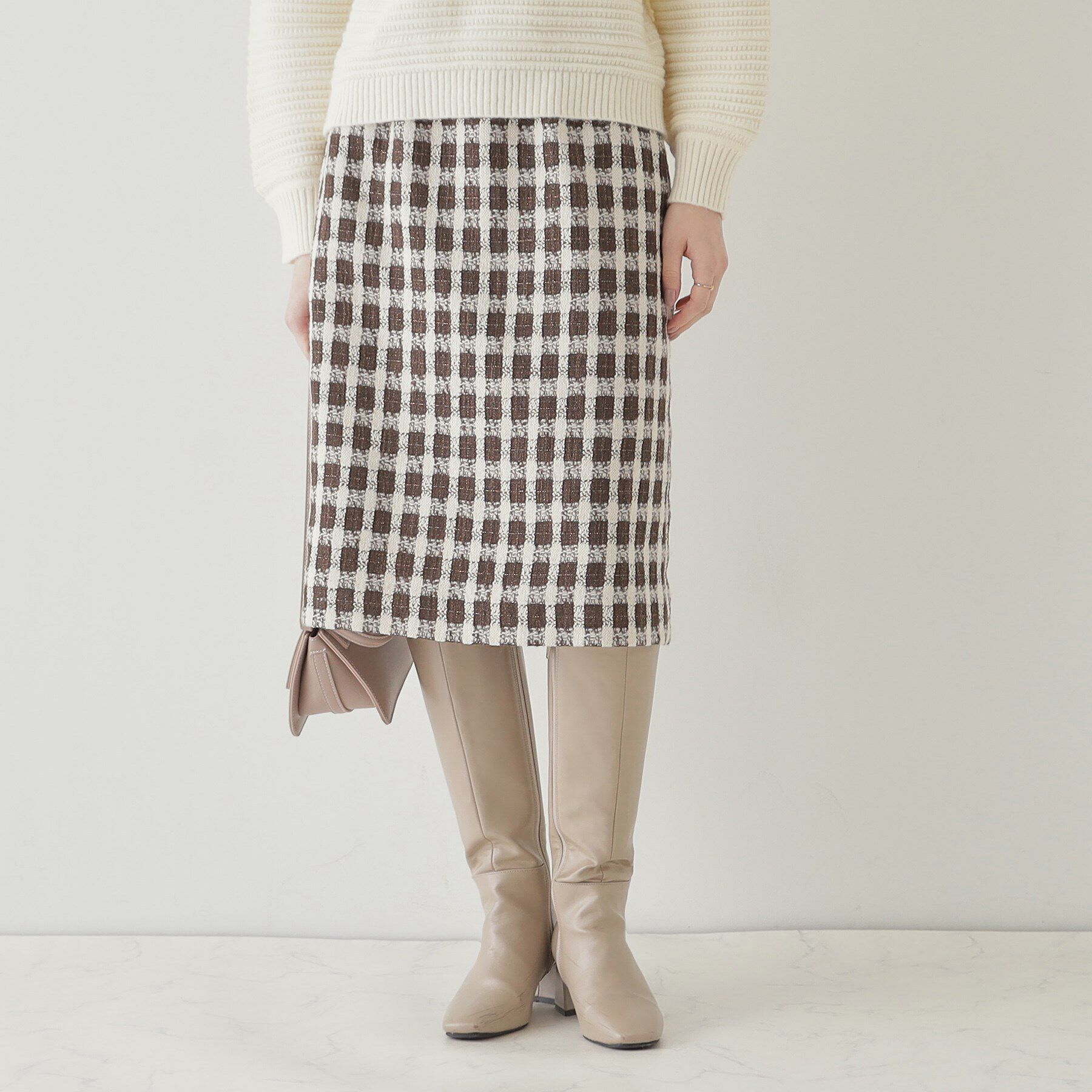 Couture broach「【オトナ女子の垢抜け膝丈スカート】モールチェックツイードナロースカート」|スカート|