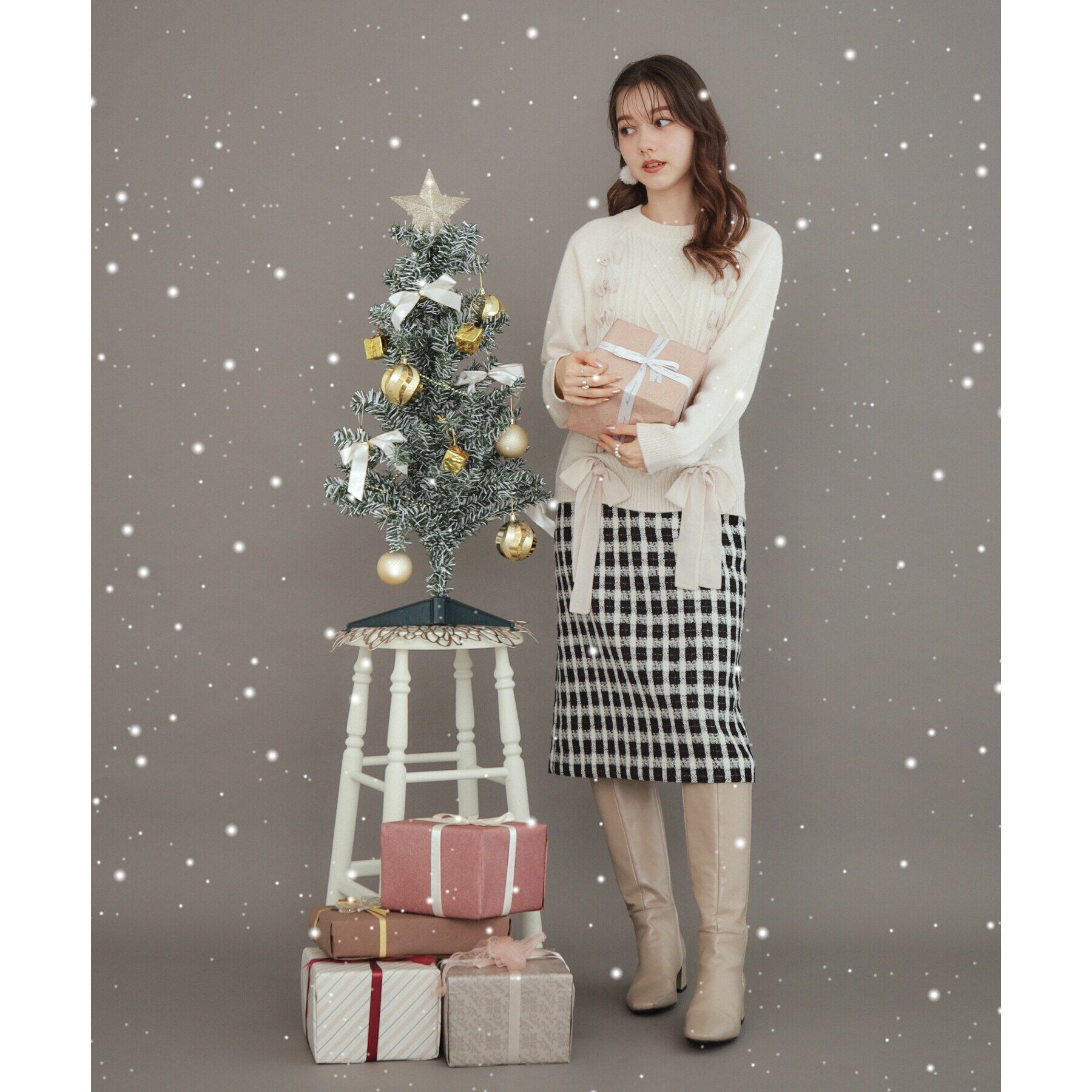 Couture broach「【オトナ女子の垢抜け膝丈スカート】モールチェックツイードナロースカート」|スカート|