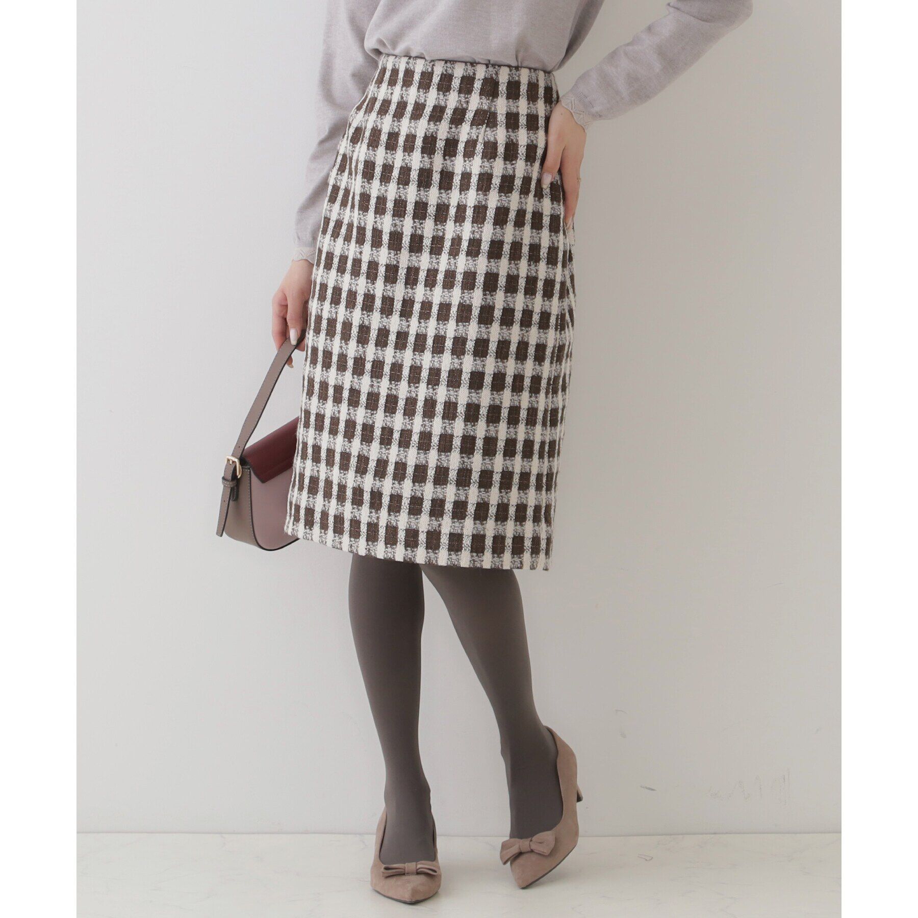 Couture broach「【オトナ女子の垢抜け膝丈スカート】モールチェックツイードナロースカート」|スカート|ブラウン(244)
