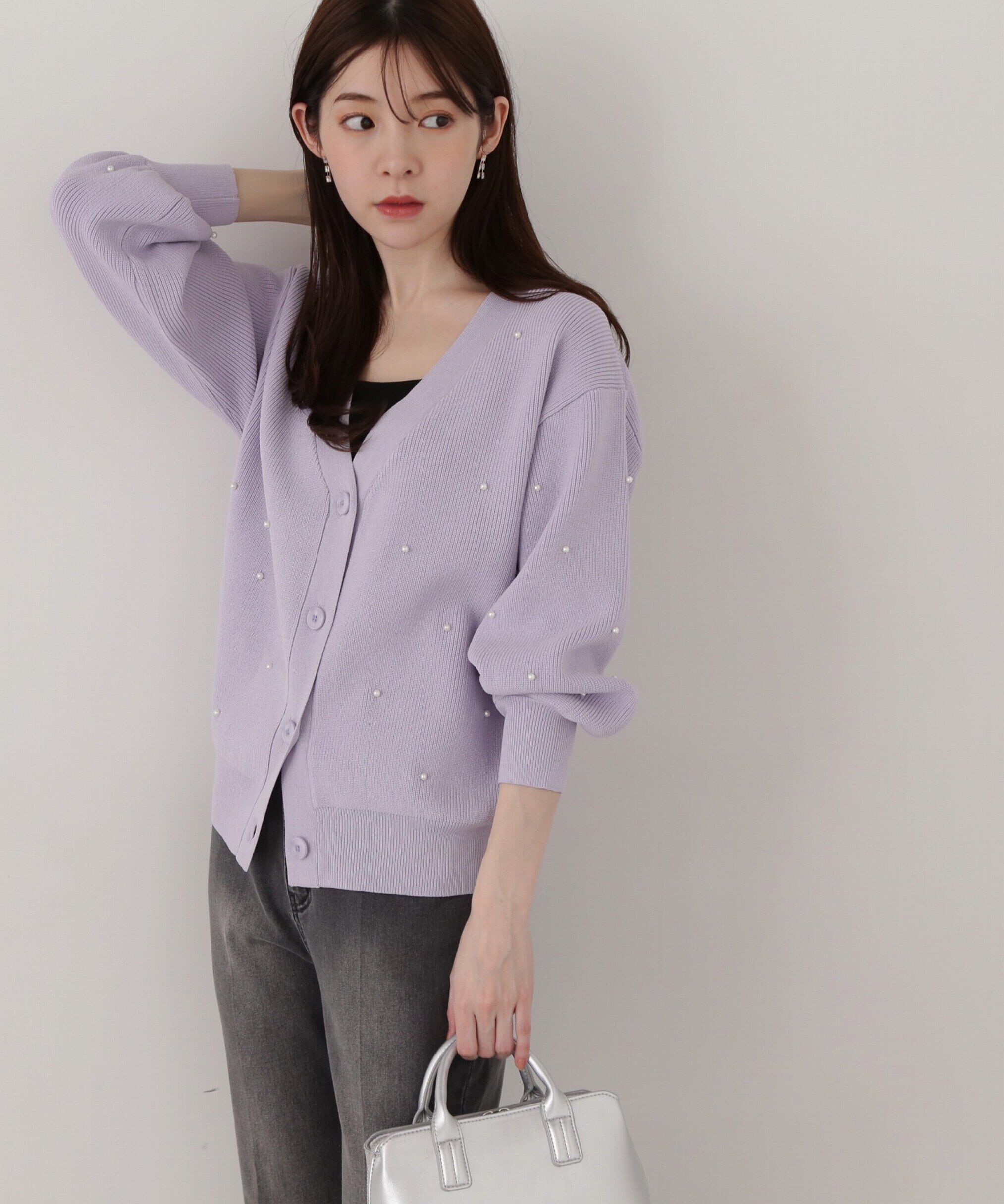 PROPORTION BODY DRESSING「《EDIT COLOGNE》パール調付きルーズカーディガン」|カーディガン|ラベンダー