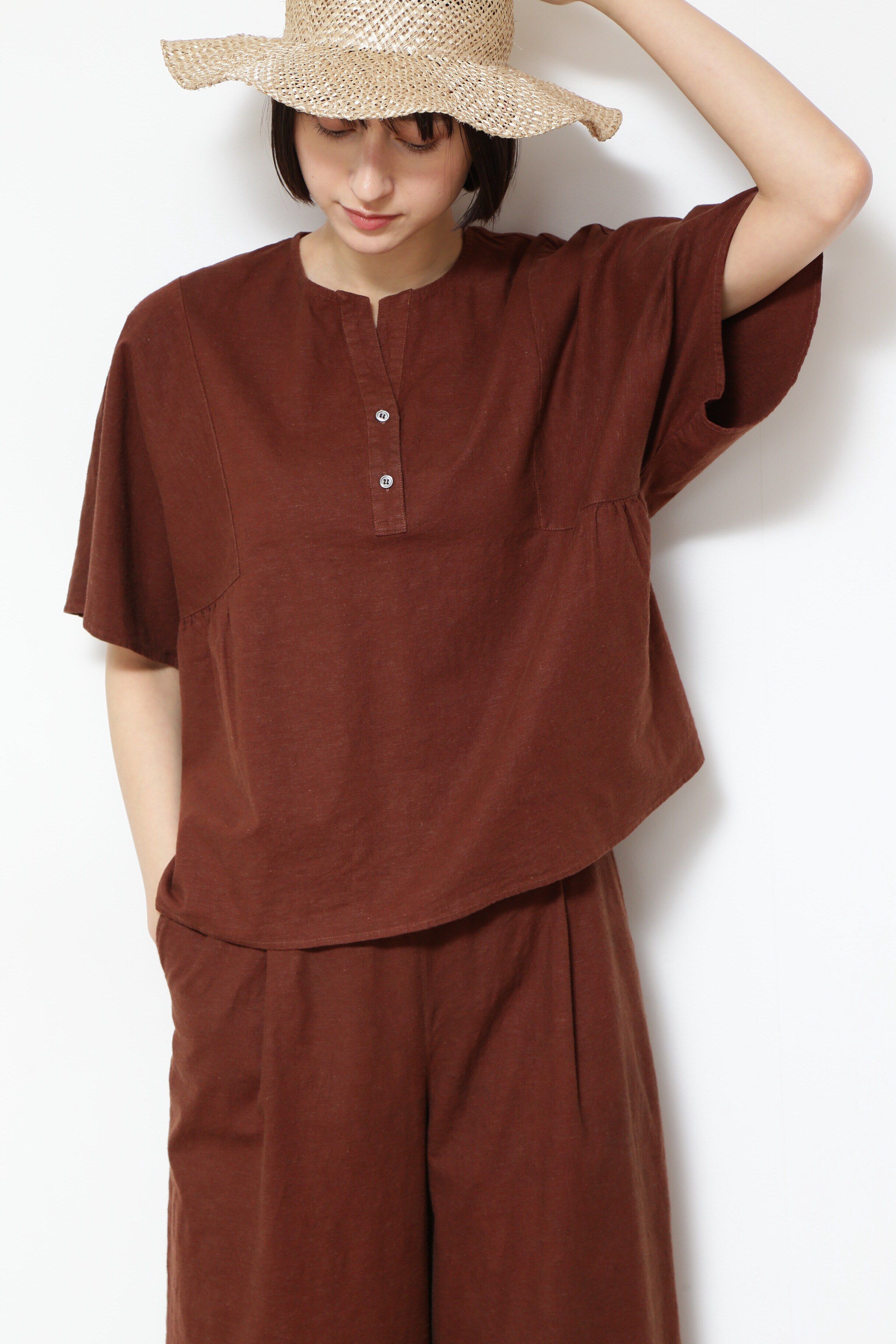  「◆レーヨンリネンストレッチブラウス」|シャツ・ブラウス|ブラウン