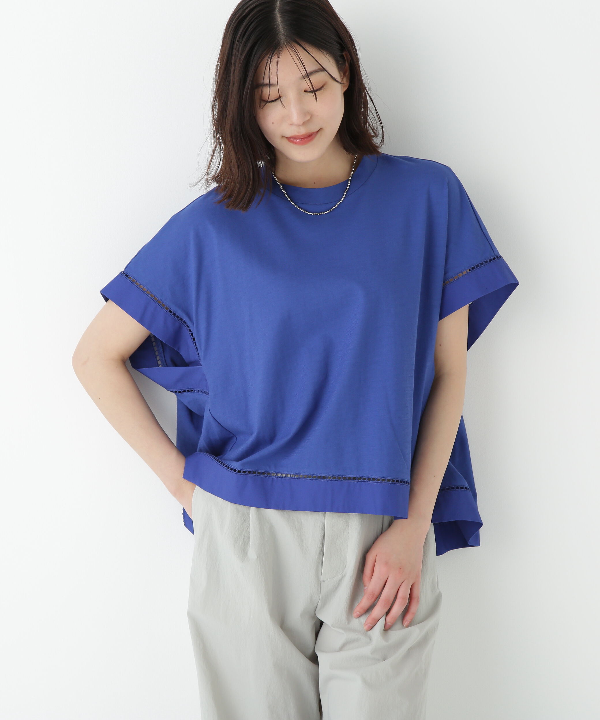  「◆布帛ドッキング半袖プルオーバー」|Tシャツ・カットソー|ブルー