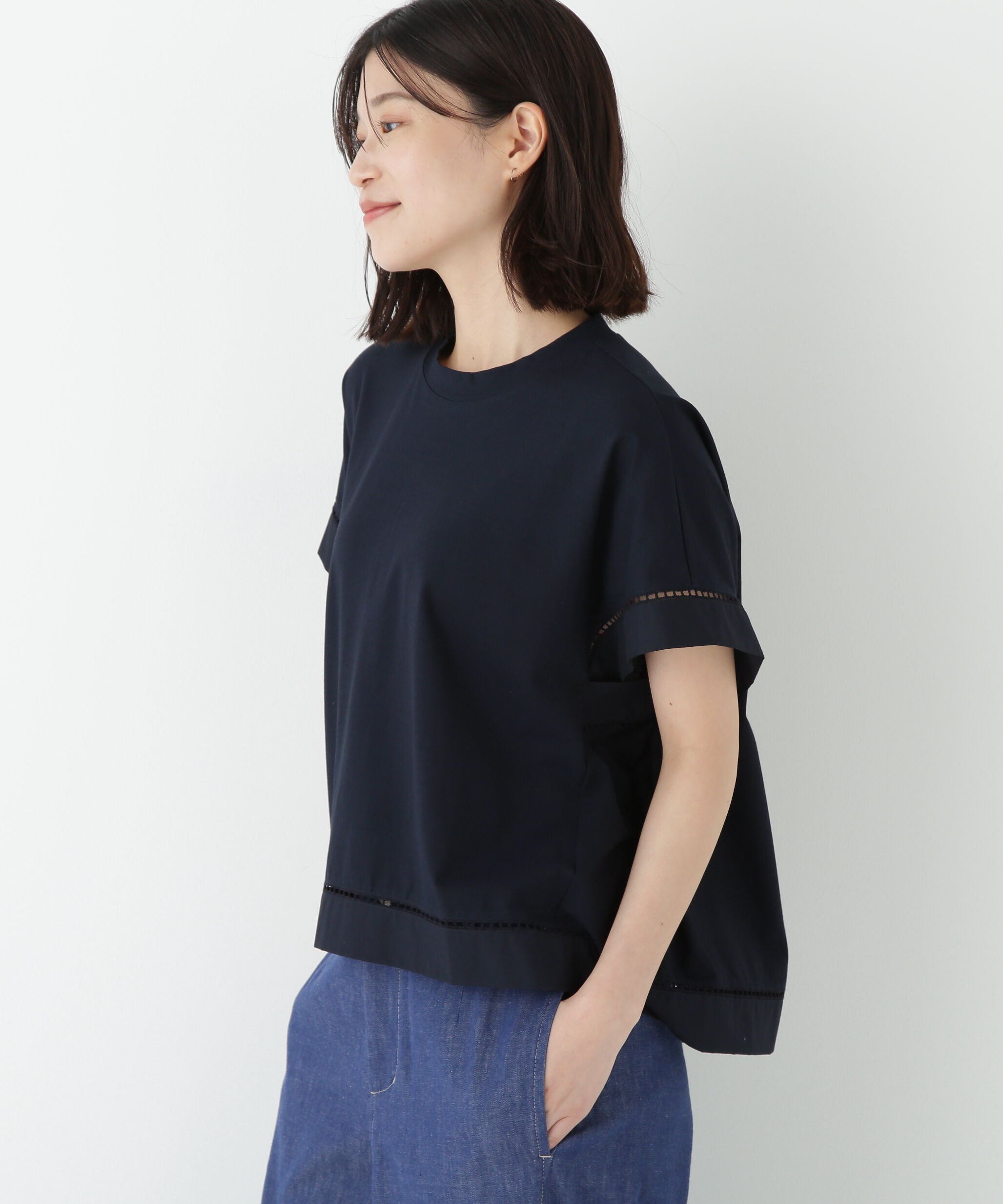  「◆布帛ドッキング半袖プルオーバー」|Tシャツ・カットソー|ネイビー