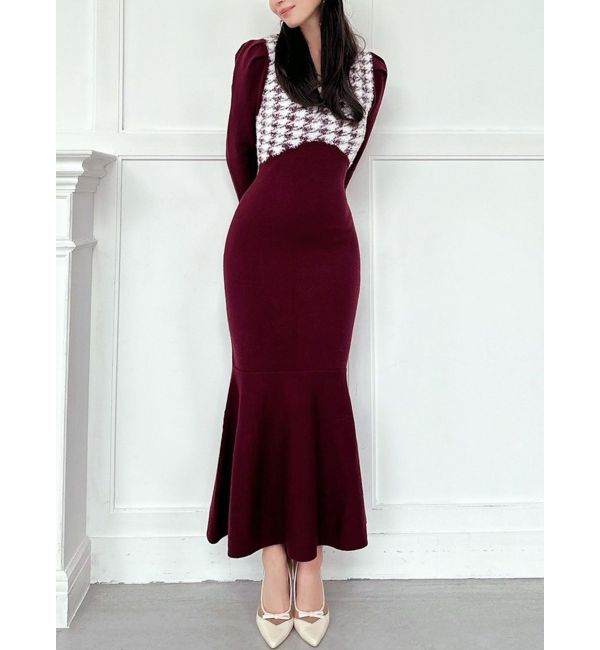 RESEXXY「ハウンドトゥースマーメイドニットワンピース」|ワンピース|ワイン