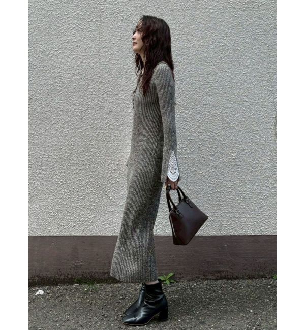 ラグナムーン　レーススリーブネップリブニットワンピース　チャコールグレー　M ラグナムーン レーススリーブネップリブニットワンピース