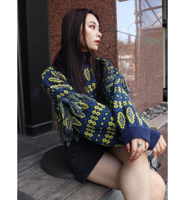 EVRIS「オリジナルジャガードフリンジニットトップス」|ニット・セーター|