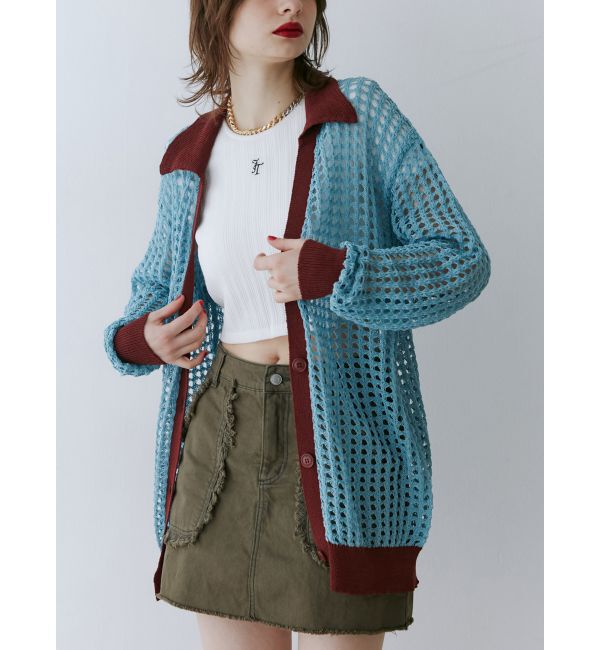 jouetie「バイカラーメッシュニットカーデ」|カーディガン|ブルー