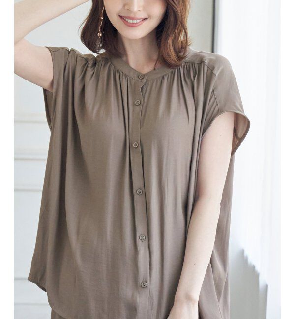 ikka「【セットアップ対応】カッセンギャザーフレンチ袖シャツ」|シャツ・ブラウス|コーヒー