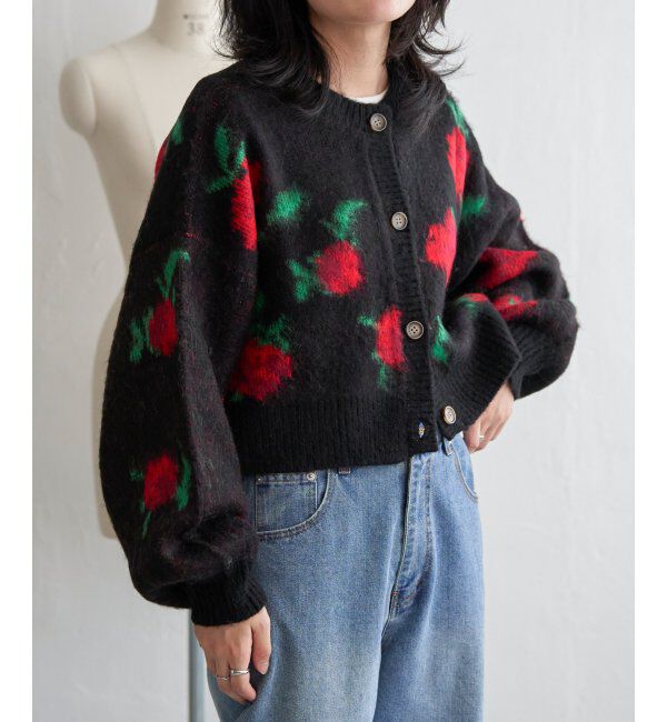 VENCE share style「レトロ花柄ジャガードカーディガン」|カーディガン|ブラック