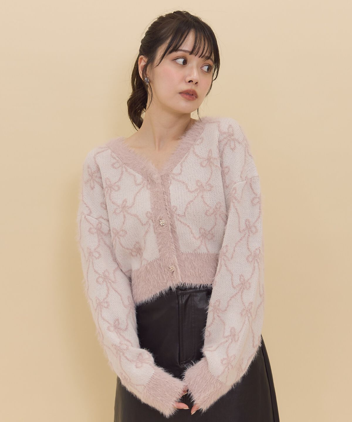 REDYAZEL「リボンジャガードカーディガン」|カーディガン|ピンク