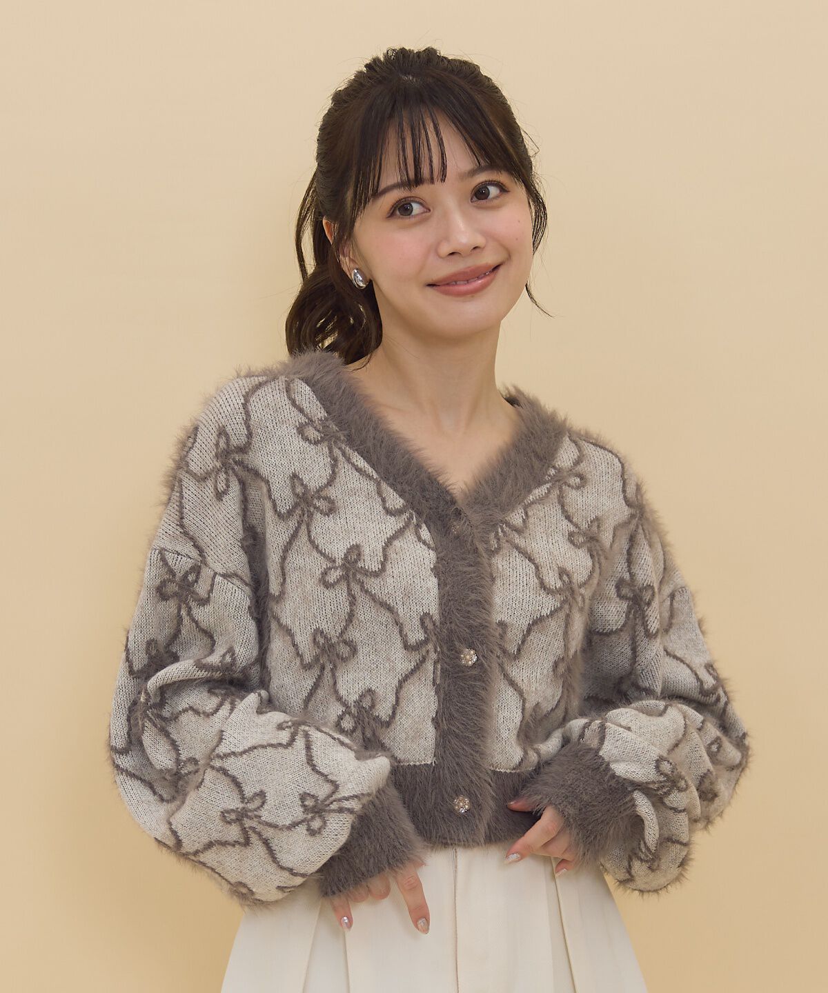 REDYAZEL「リボンジャガードカーディガン」|カーディガン|カーキ