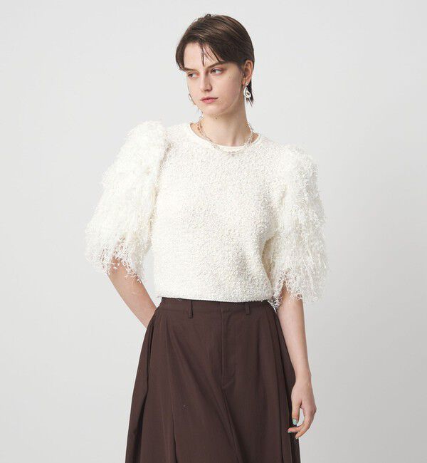 ASTRAET「＜ASTRAET＞ フリンジスリーブ クルーネックニット」|ニット・セーター|WHITE