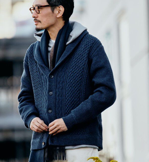 SHIPS「SHIPS:〈手洗い可能〉ウール コットン アラン ショールカラー カーディガン」|カーディガン|ブルー