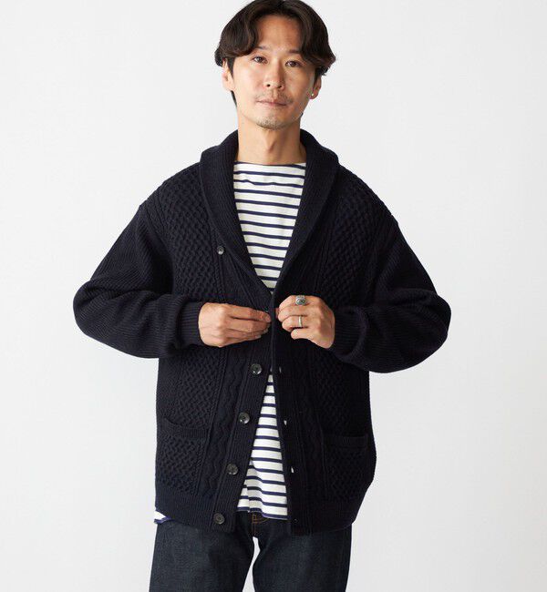 SHIPS「SHIPS:〈手洗い可能〉ウール コットン アラン ショールカラー カーディガン」|カーディガン|ネイビー