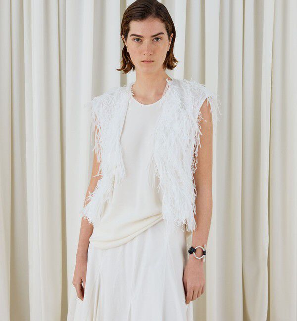 DES PRES「ホワイトフリンジジャカード フレンチスリーブベスト」|ベスト・ジレ|