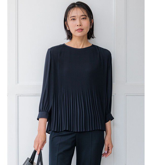 23区「【洗える】ライトバックサテンアムンゼン プリーツ ブラウス」|シャツ・ブラウス|ネイビー系