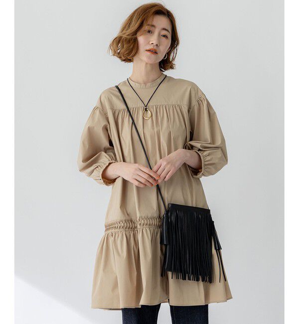 23区「【洗える】コンパクトライトクロス ピンタック チュニックワンピース」|ワンピース|ベージュ系