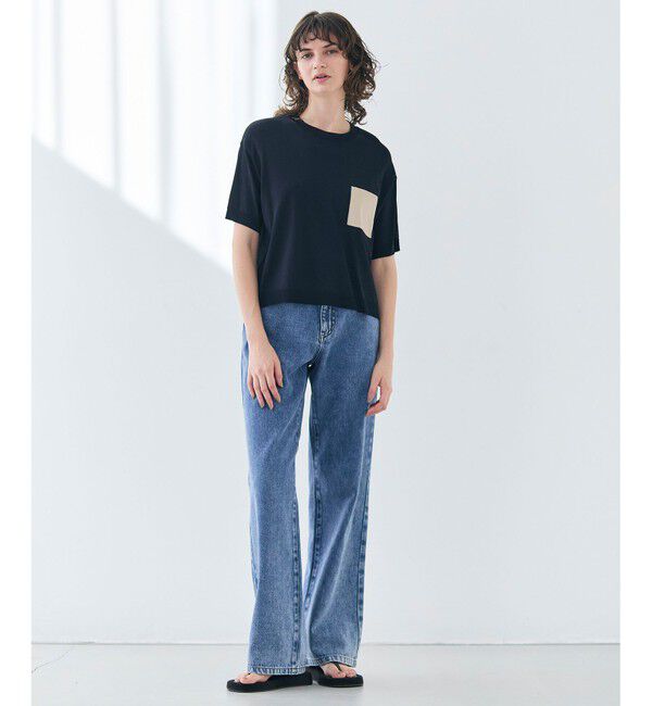 BEIGE,「【洗える】NADIA / レザーポケット付き半袖ニットTシャツ」|ニット・セーター|