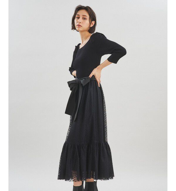  「チュールスカートニットワンピース」|ワンピース|ブラック