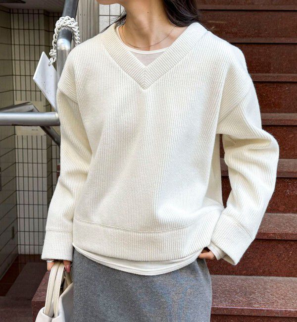 fredy emue「リブ見えニットソーVネックプルオーバー」|Tシャツ・カットソー|
