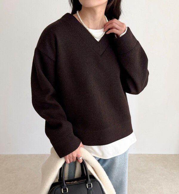 fredy emue「リブ見えニットソーVネックプルオーバー」|Tシャツ・カットソー|