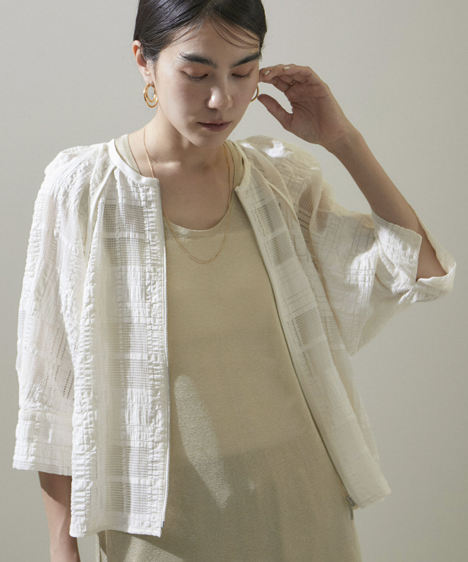 SALON adam et rope'「ハーフスリーブシアーメッシュチェックブルゾン」|ブルゾン・スタジャン|