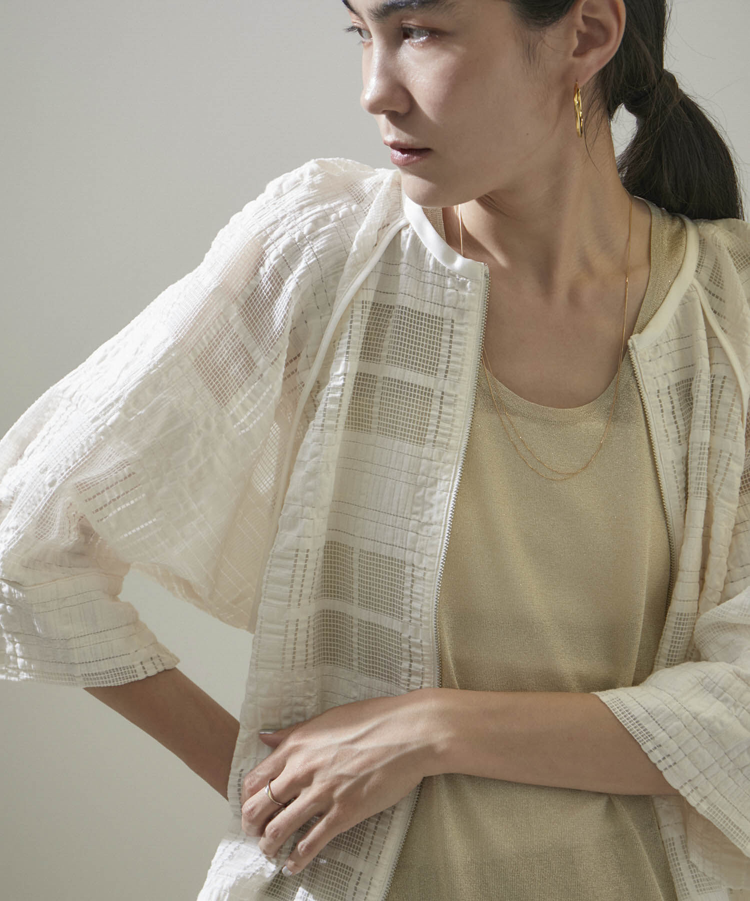 SALON adam et rope'「ハーフスリーブシアーメッシュチェックブルゾン」|ブルゾン・スタジャン|