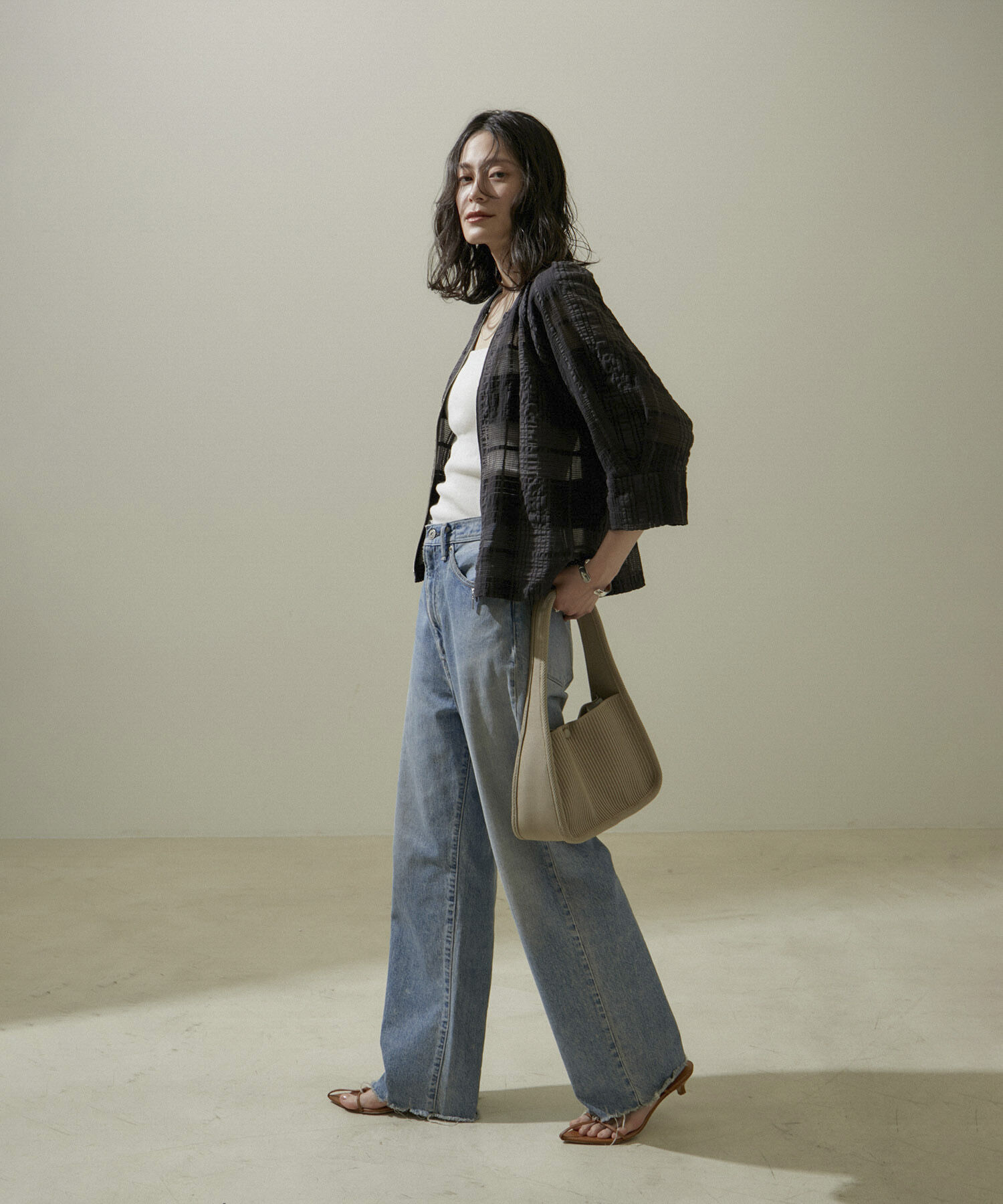 SALON adam et rope'「ハーフスリーブシアーメッシュチェックブルゾン」|ブルゾン・スタジャン|