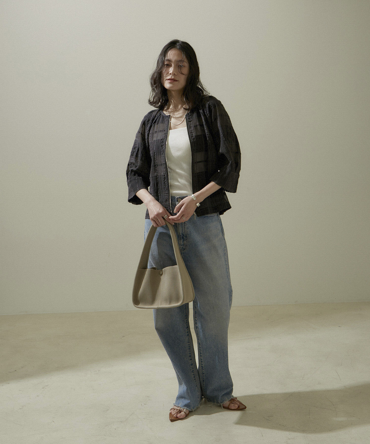 SALON adam et rope'「ハーフスリーブシアーメッシュチェックブルゾン」|ブルゾン・スタジャン|