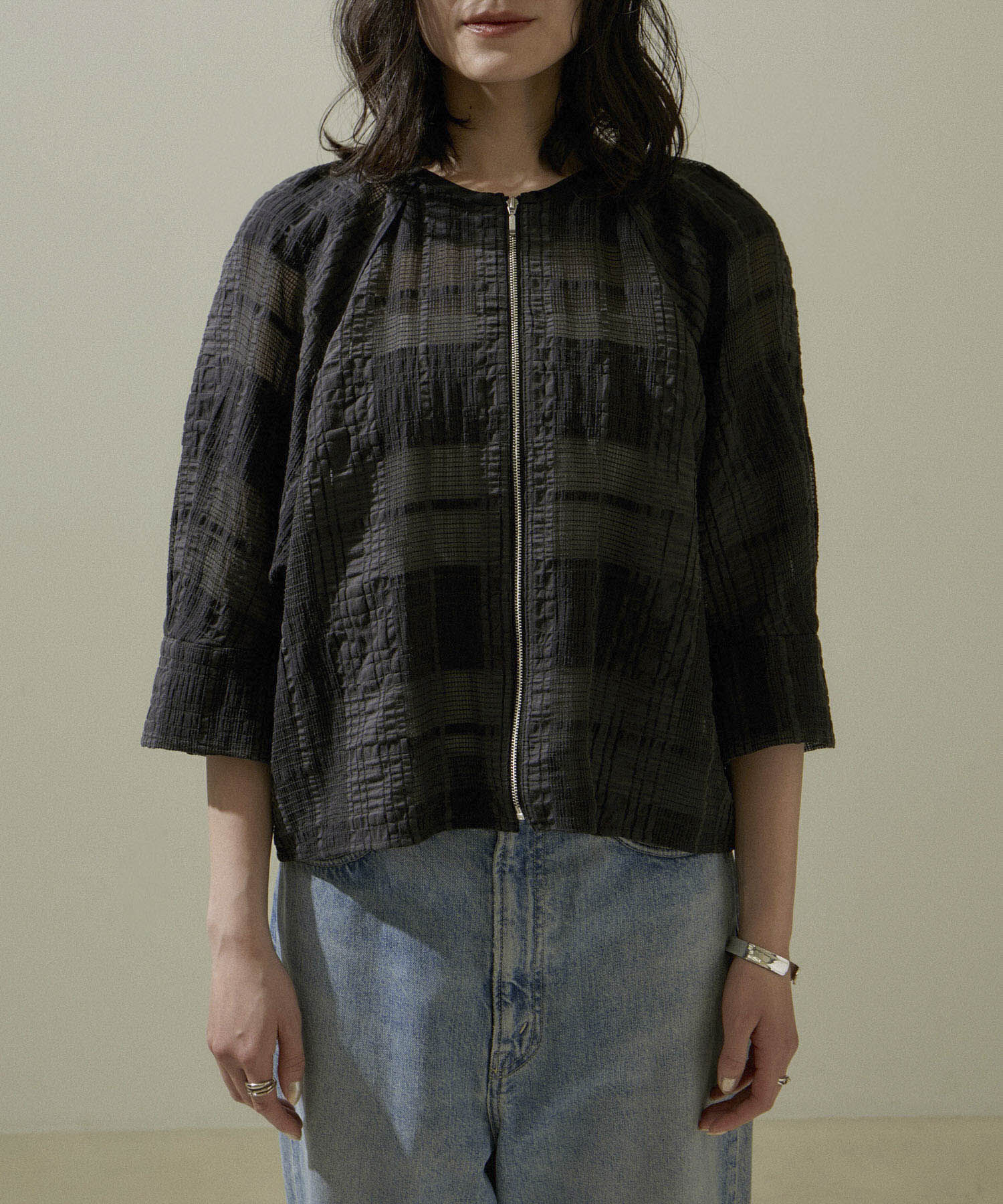 SALON adam et rope'「ハーフスリーブシアーメッシュチェックブルゾン」|ブルゾン・スタジャン|