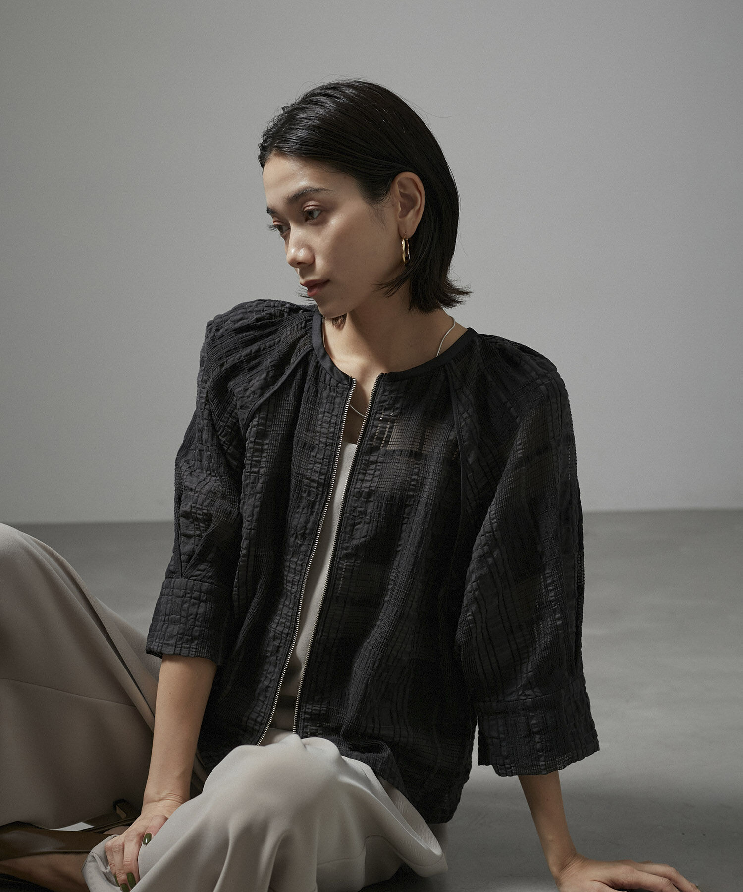 SALON adam et rope'「ハーフスリーブシアーメッシュチェックブルゾン」|ブルゾン・スタジャン|