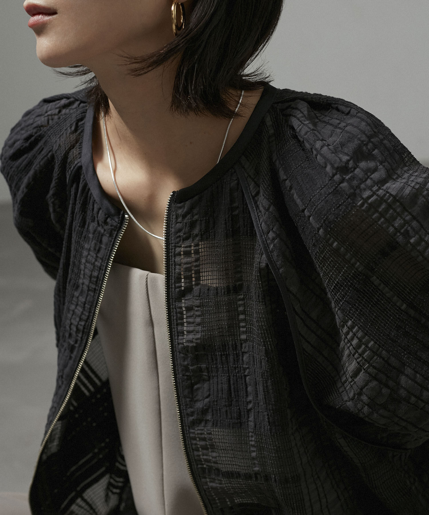 SALON adam et rope'「ハーフスリーブシアーメッシュチェックブルゾン」|ブルゾン・スタジャン|