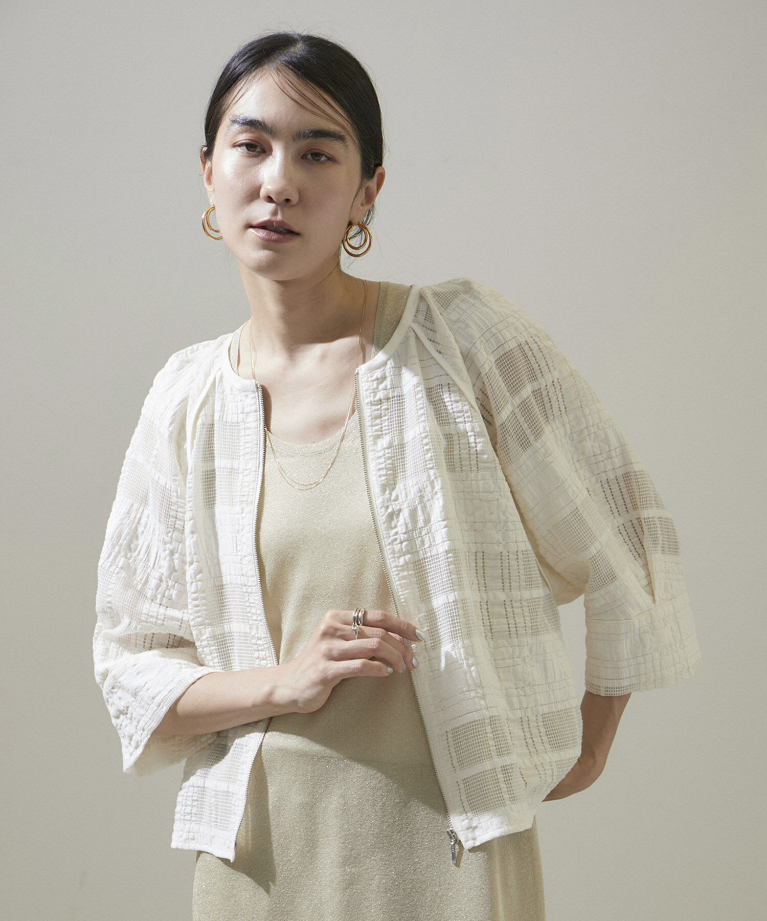 SALON adam et rope'「ハーフスリーブシアーメッシュチェックブルゾン」|ブルゾン・スタジャン|ホワイト(10)