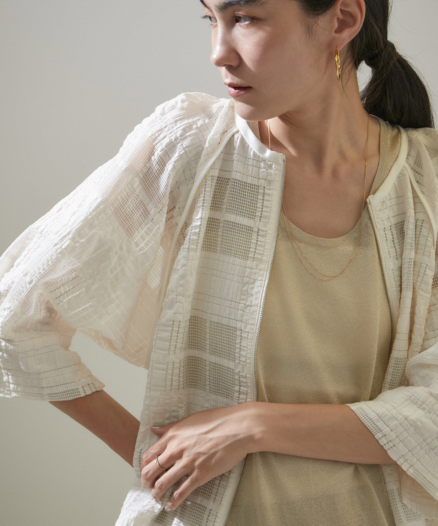 SALON adam et rope'「ハーフスリーブシアーメッシュチェックブルゾン」|ブルゾン・スタジャン|