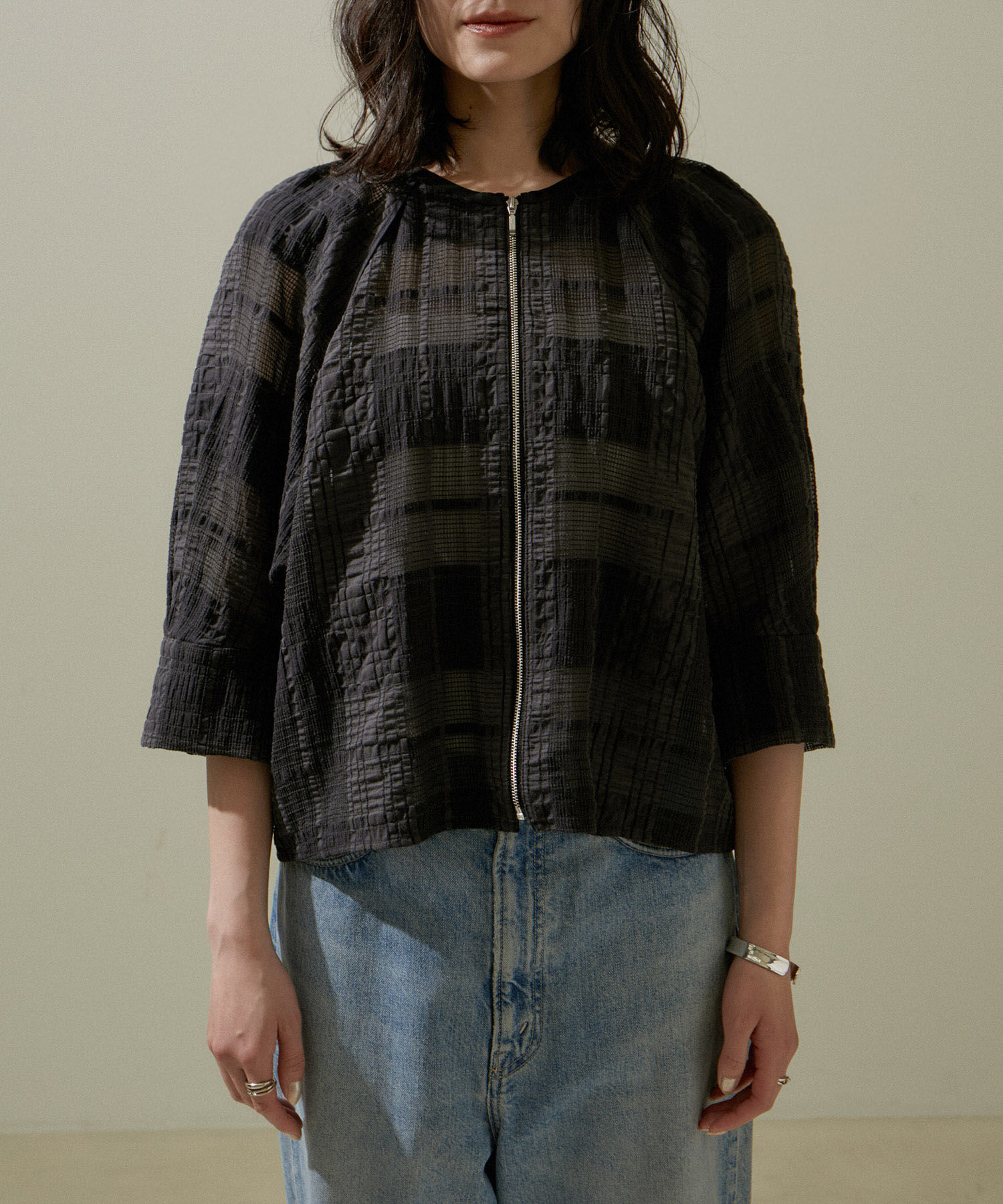 SALON adam et rope'「ハーフスリーブシアーメッシュチェックブルゾン」|ブルゾン・スタジャン|