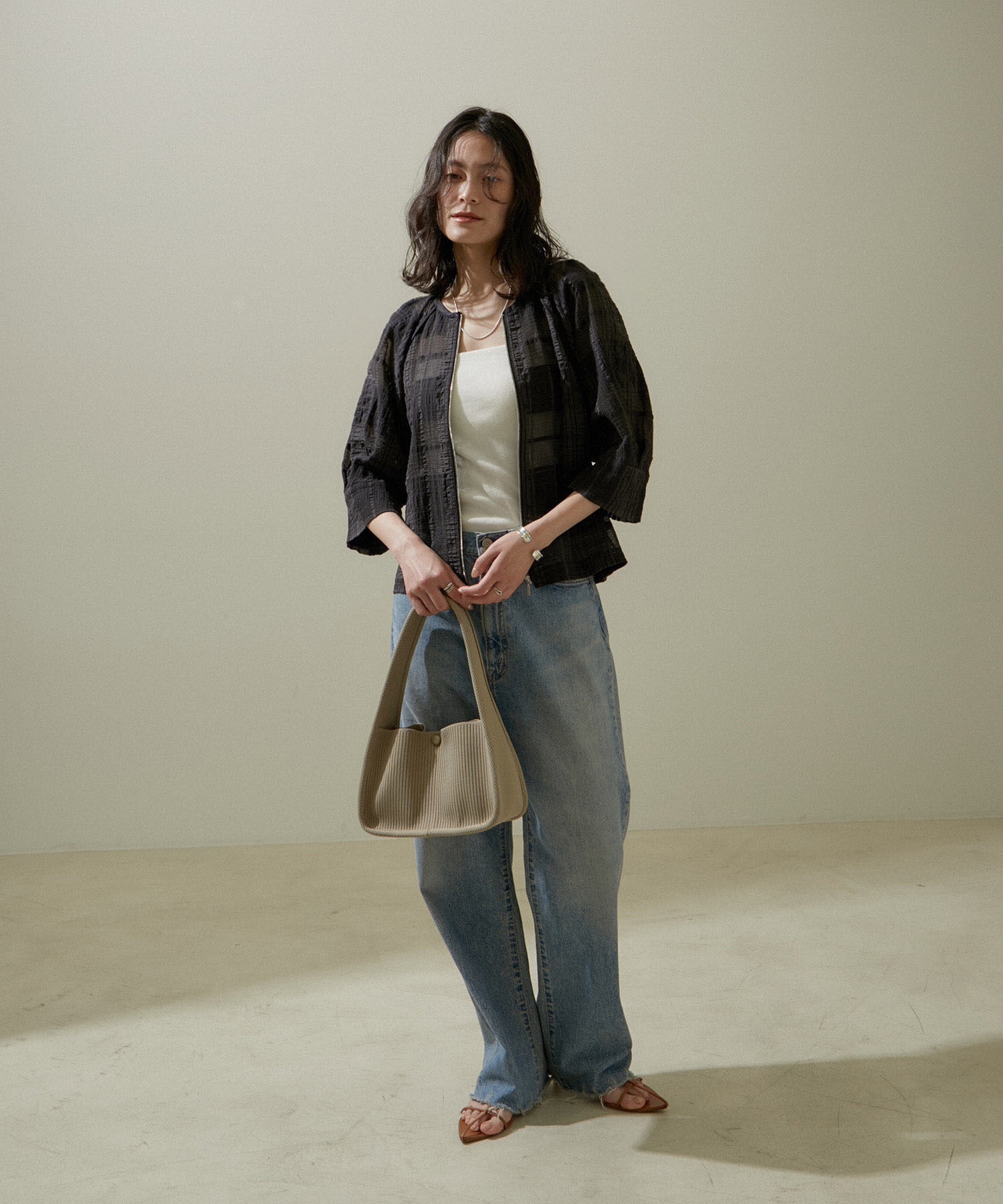 SALON adam et rope'「ハーフスリーブシアーメッシュチェックブルゾン」|ブルゾン・スタジャン|