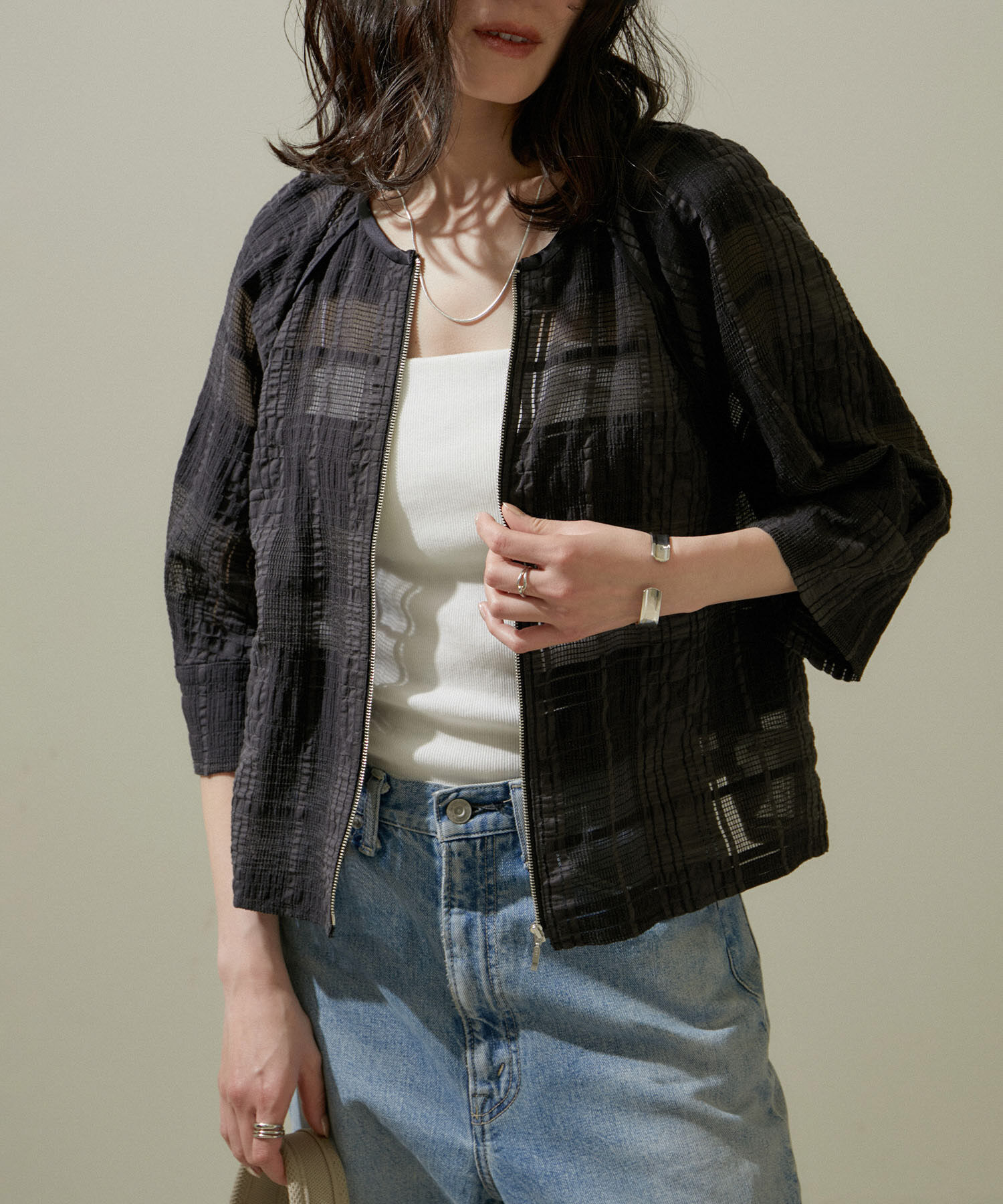 SALON adam et rope'「ハーフスリーブシアーメッシュチェックブルゾン」|ブルゾン・スタジャン|