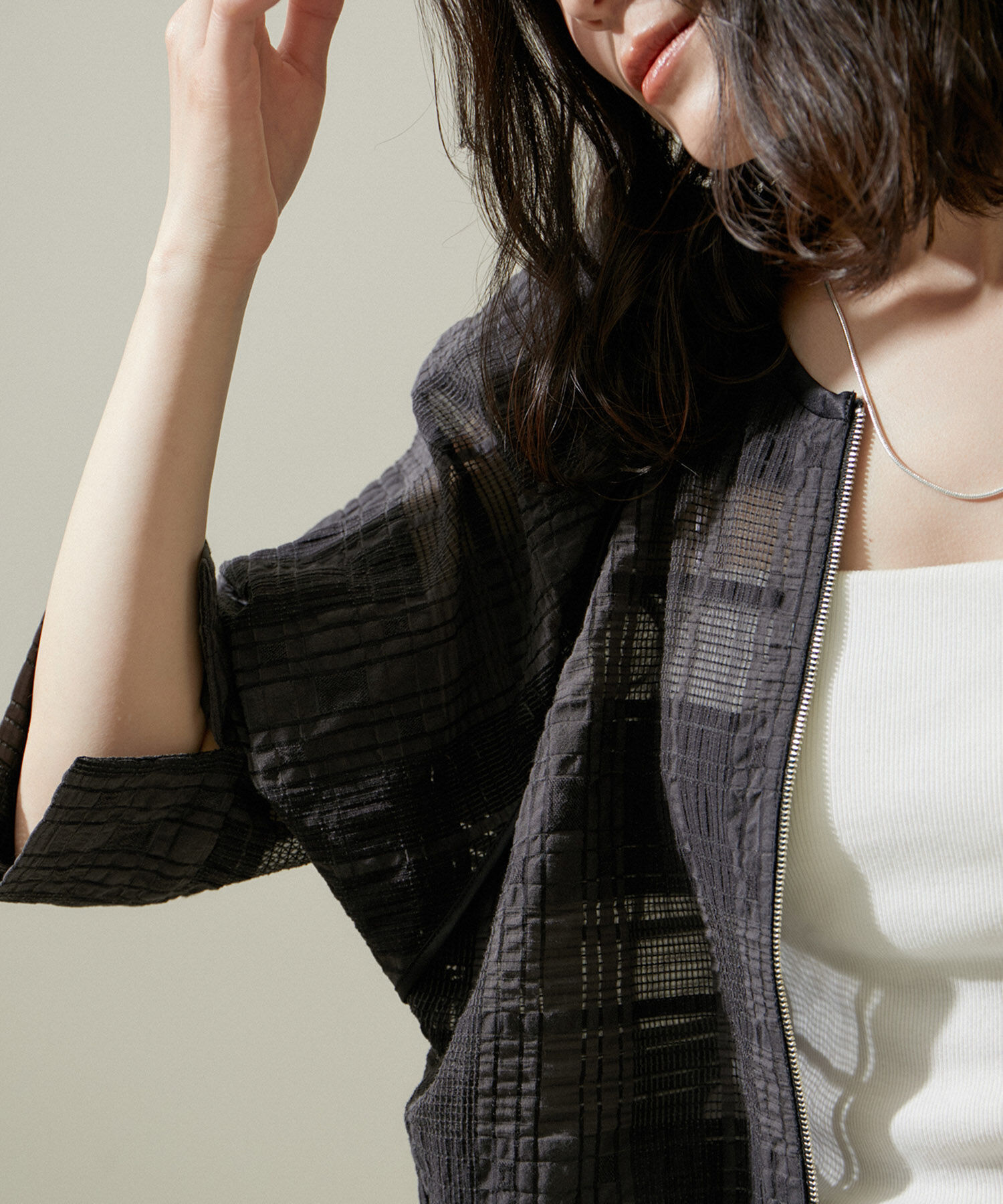 SALON adam et rope'「ハーフスリーブシアーメッシュチェックブルゾン」|ブルゾン・スタジャン|