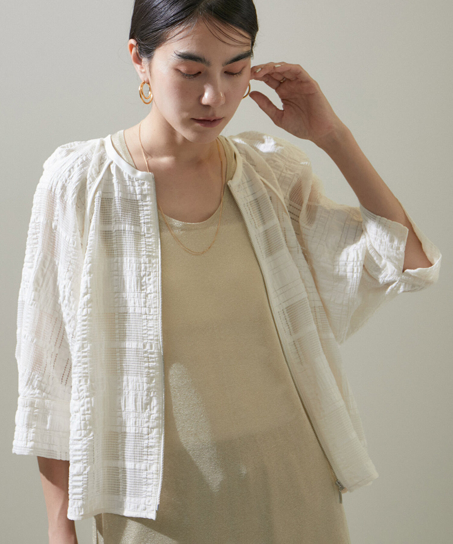 SALON adam et rope'「ハーフスリーブシアーメッシュチェックブルゾン」|ブルゾン・スタジャン|