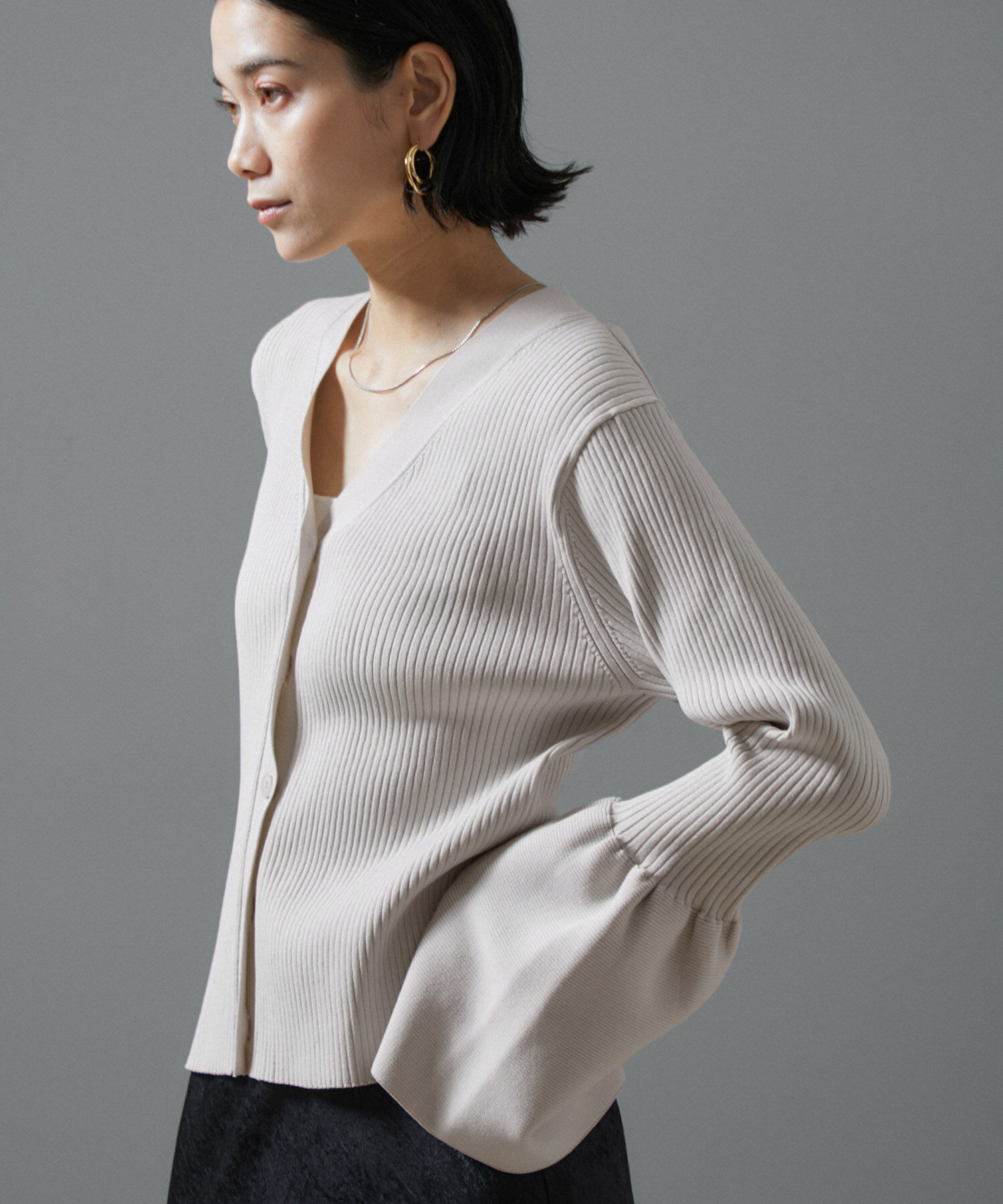 SALON adam et rope'「フレアースリーブリブVネックカーディガン【洗える】」|カーディガン|