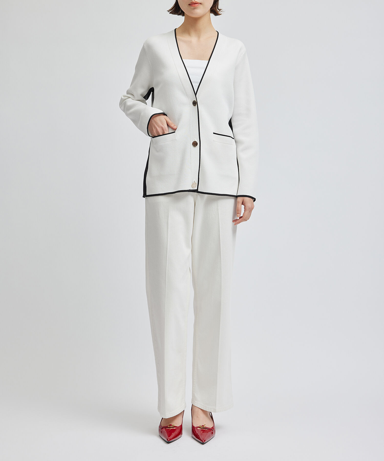 ROPE「サテン切り替えジャケット風カーディガン」|カーディガン|