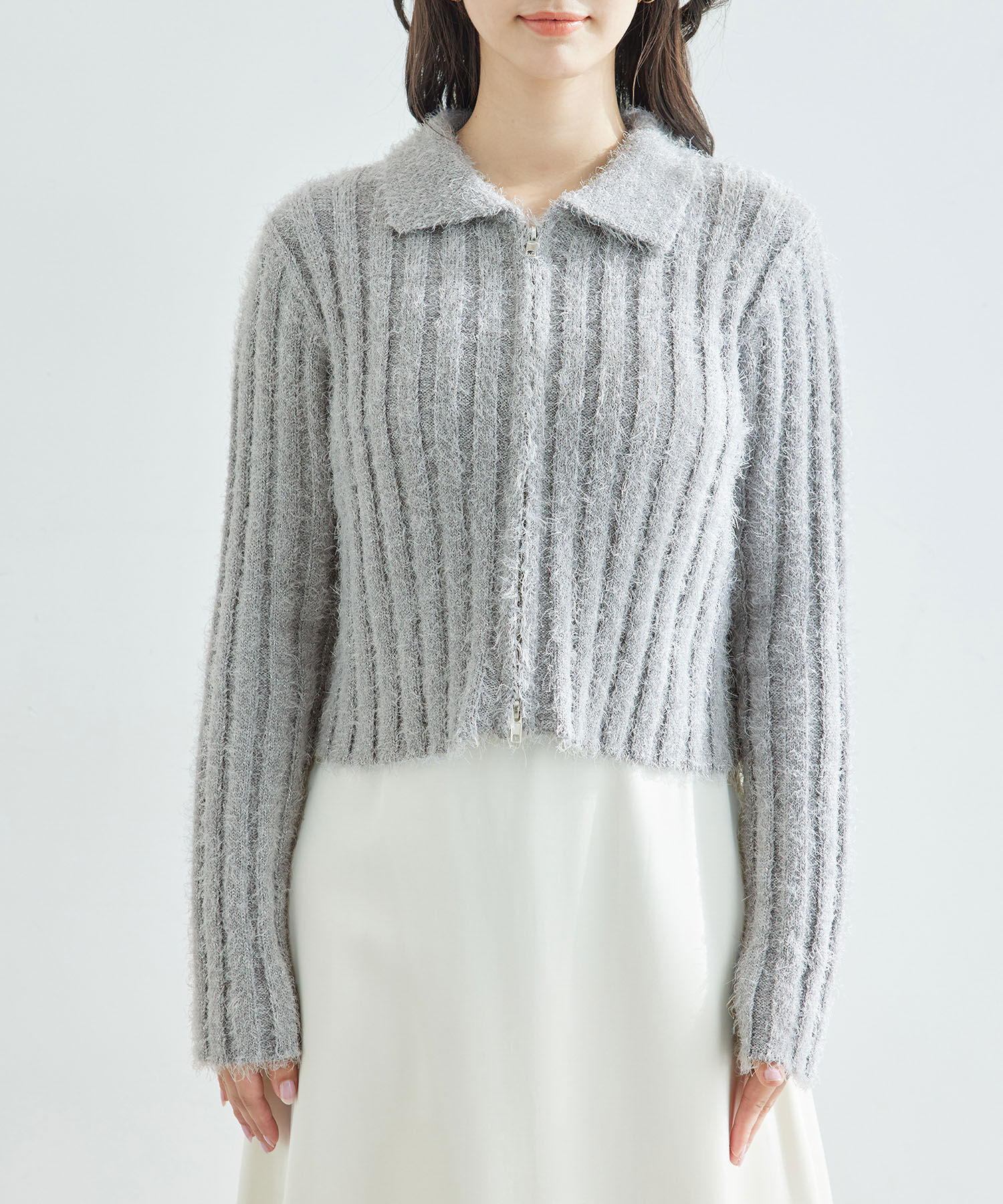 Rope&rsquo;Picnic「【一部店舗限定】ラメフェザー衿付ジップカーディガン」|カーディガン|