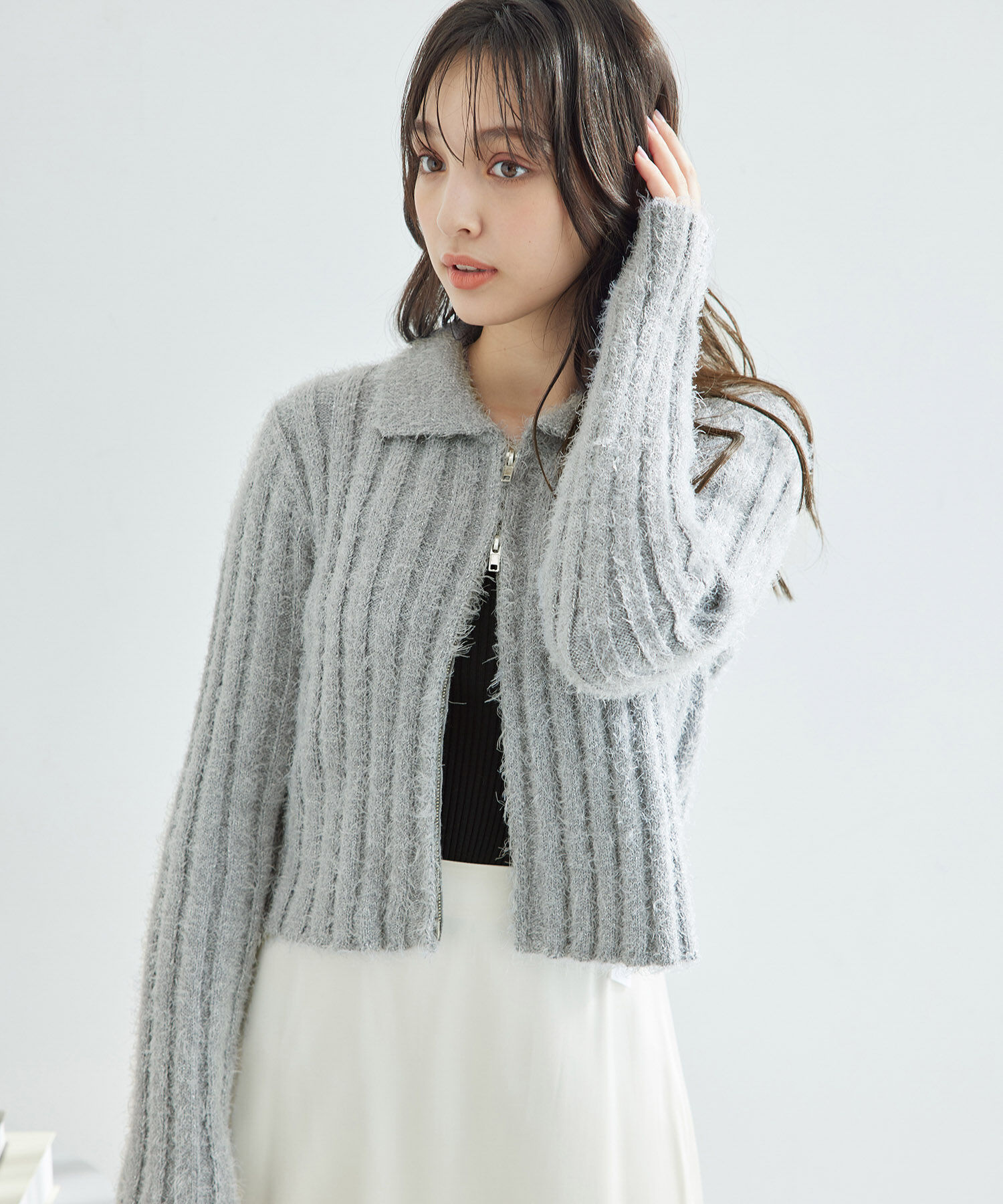 Rope&rsquo;Picnic「【一部店舗限定】ラメフェザー衿付ジップカーディガン」|カーディガン|