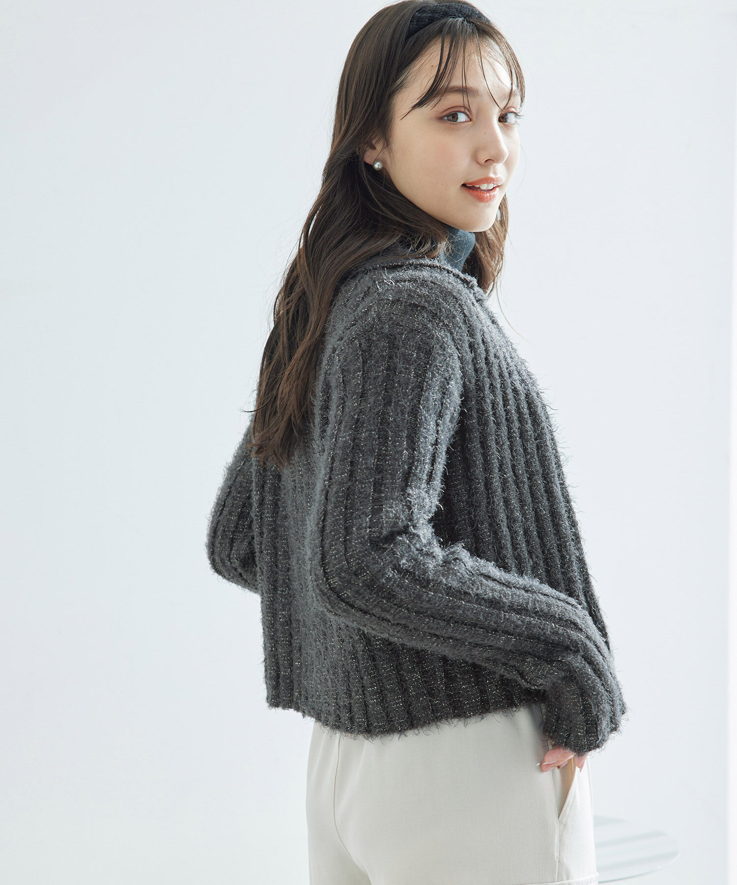 Rope&rsquo;Picnic「【一部店舗限定】ラメフェザー衿付ジップカーディガン」|カーディガン|