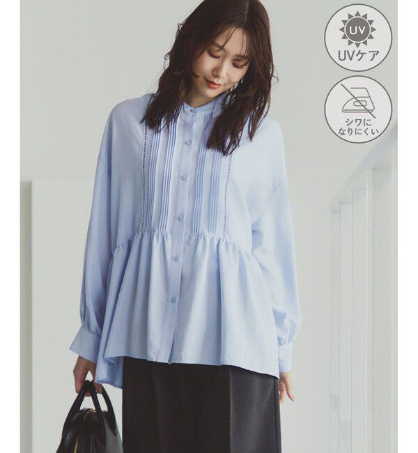 Rope&rsquo;Picnic「【UVケア・防シワ】羽織れるピンタックデザインペプラムシャツ」|シャツ・ブラウス|サックス(48)