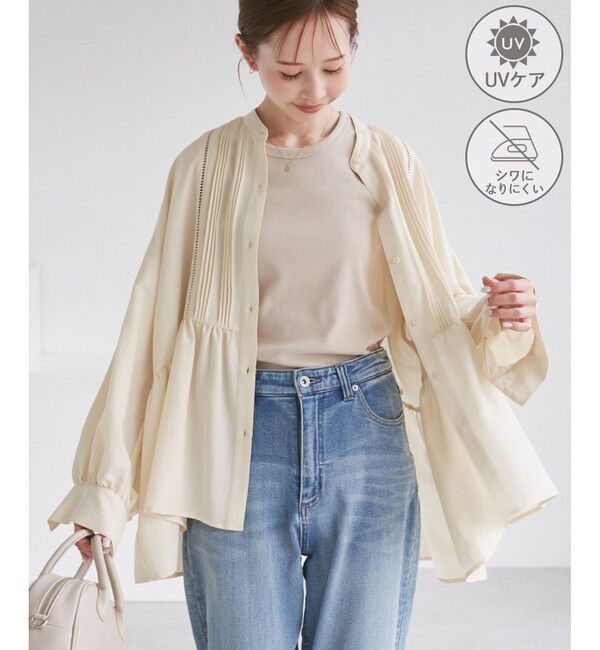 Rope&rsquo;Picnic「【UVケア・防シワ】羽織れるピンタックデザインペプラムシャツ」|シャツ・ブラウス|クリーム(83)