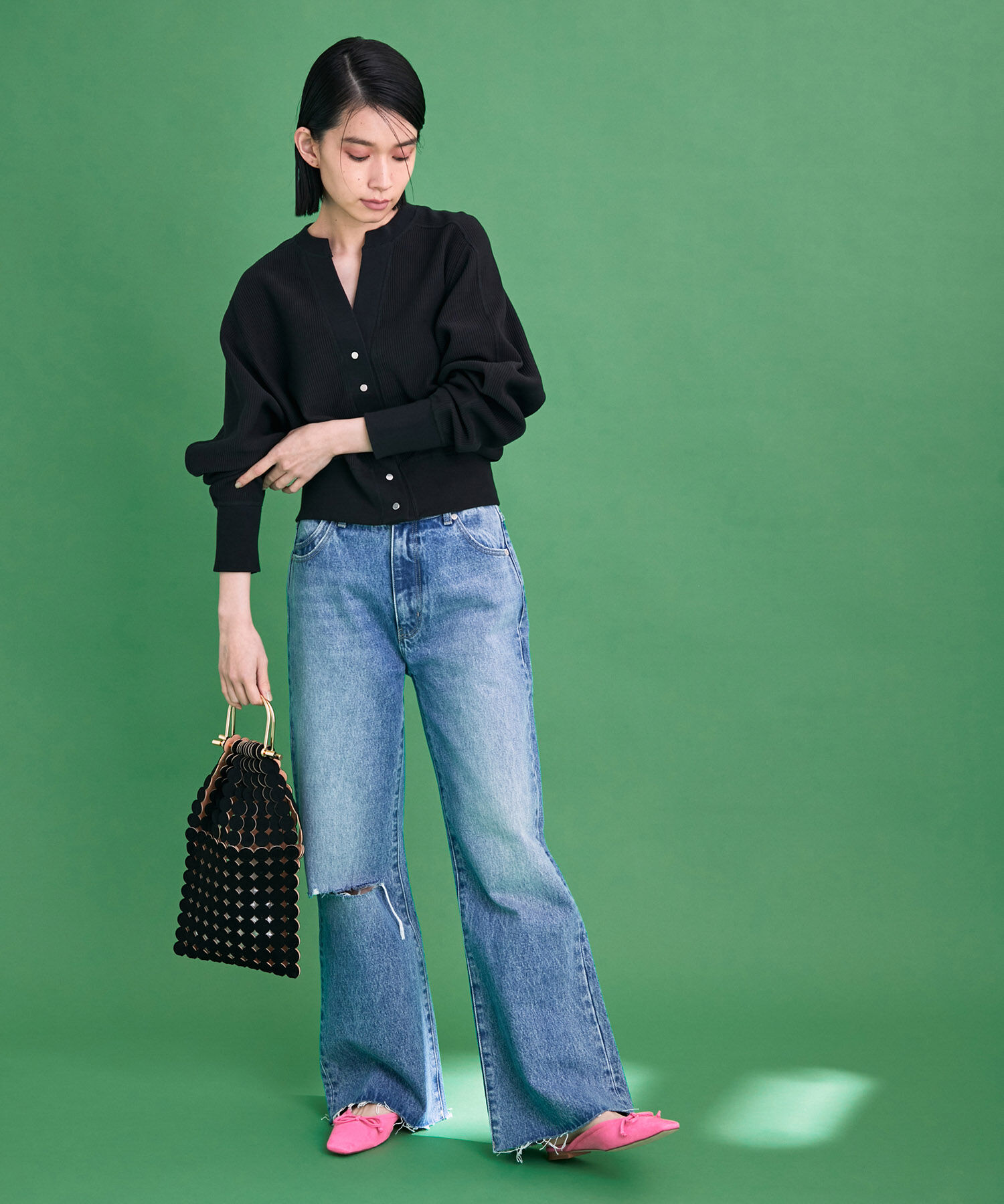 ADAM ET ROPE'「【サステナブル】キーネックスナップカーディガン」|カーディガン|