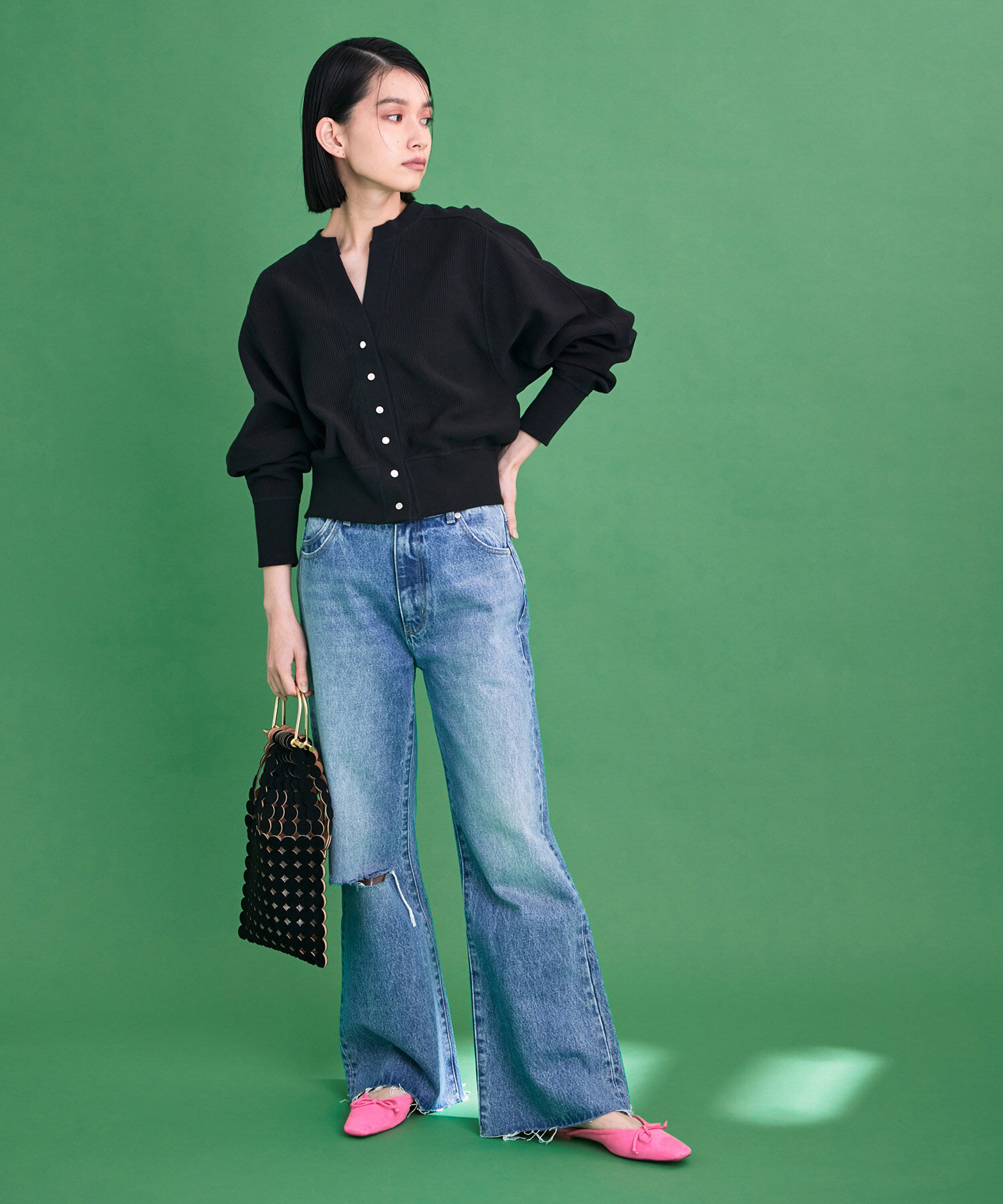 ADAM ET ROPE'「【サステナブル】キーネックスナップカーディガン」|カーディガン|